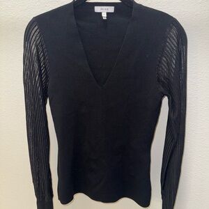 Reiss Black V-Neck Sweater with Sheer Textured Sleeves